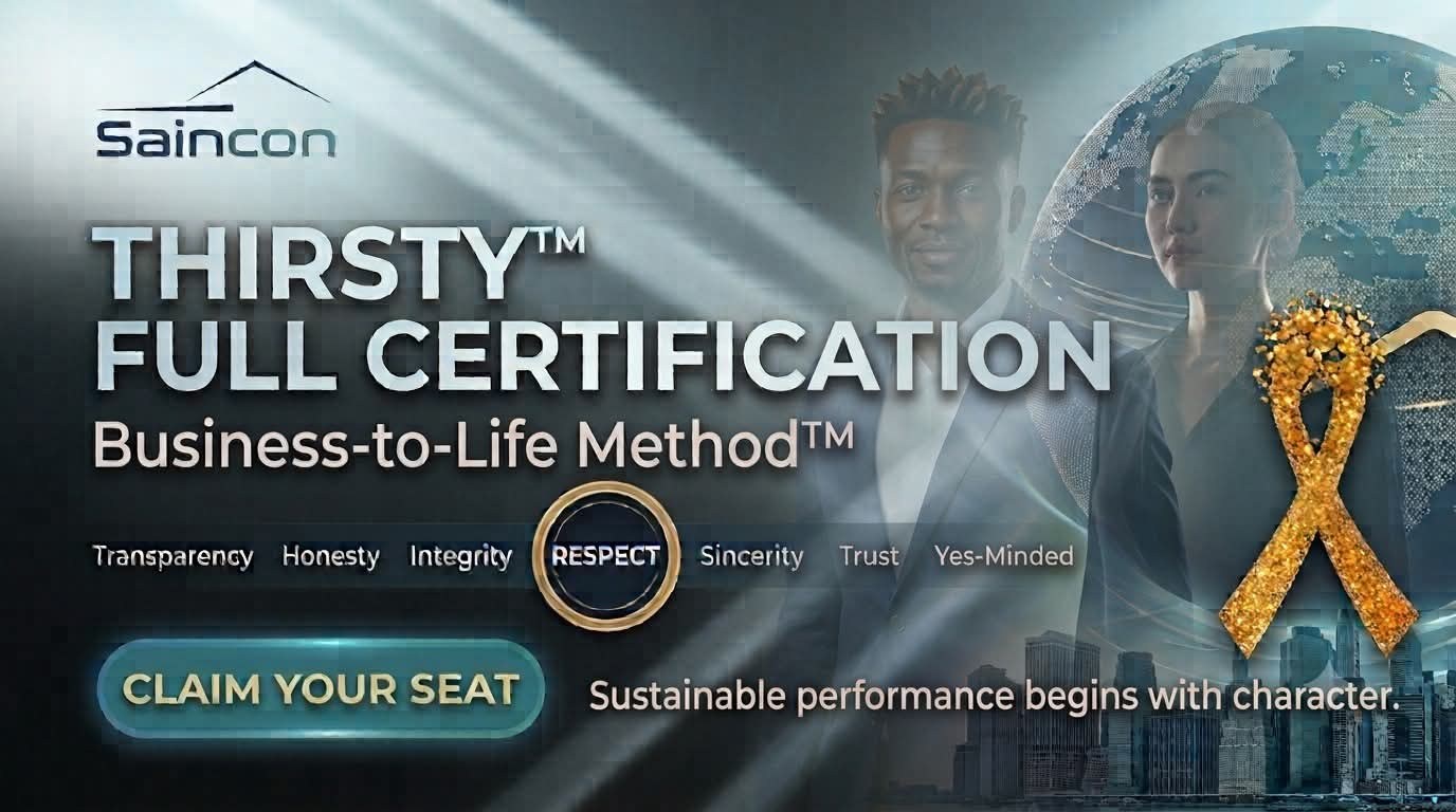 THIRSTY Full Certification, the Business-to-Life Method. Sustainable performance begins with character.